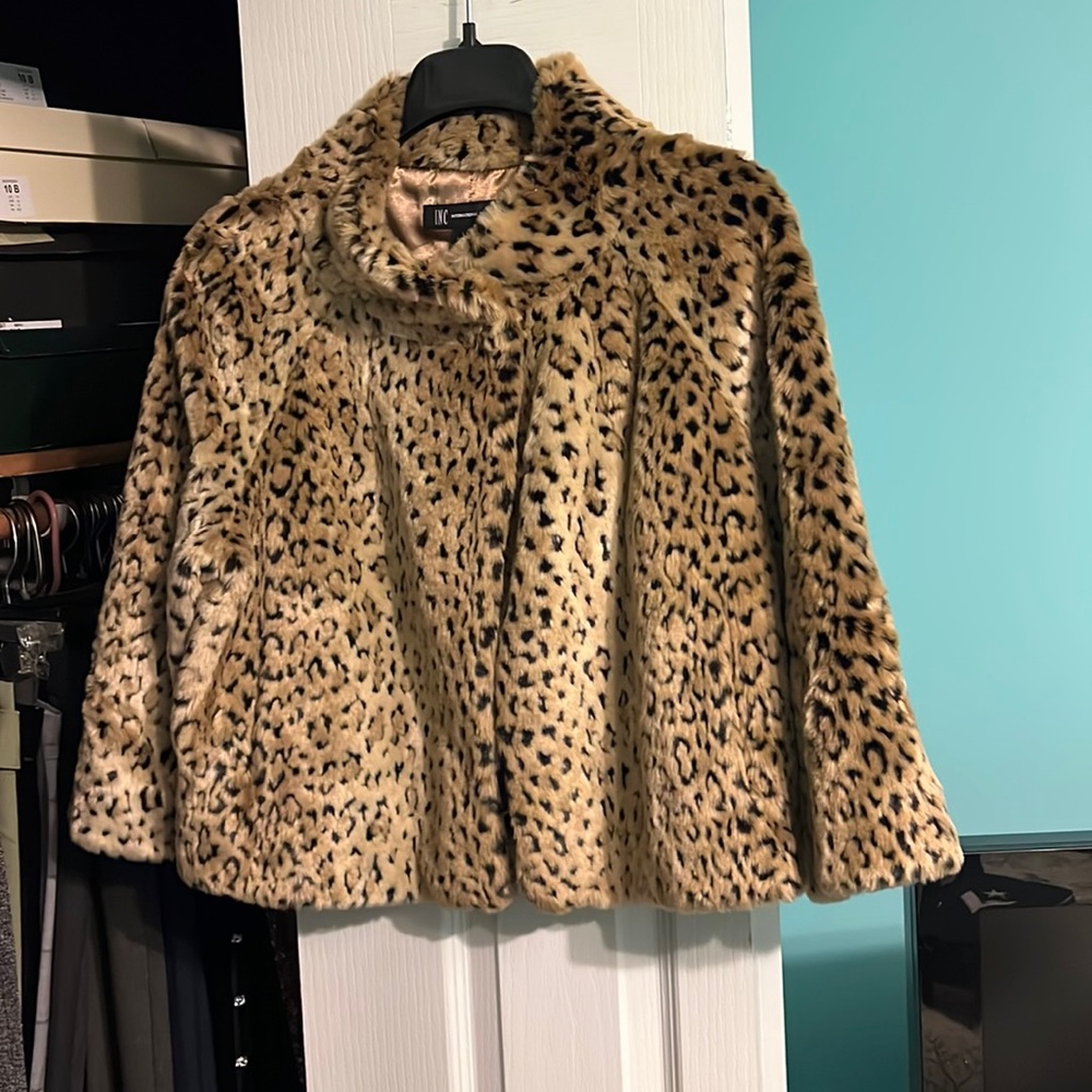INC short Faux Fur animal print jacket- Size L